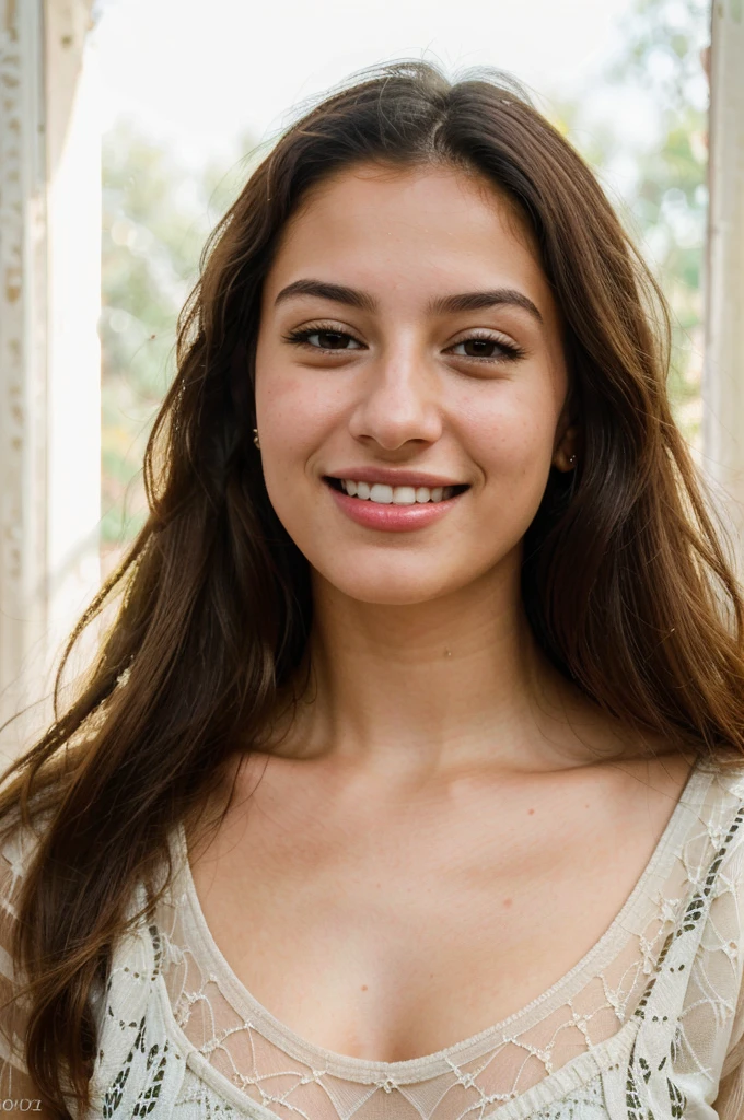 a beautiful young woman, 20 years old, small nose, attractive Jordanian Arab woman, wearing a bright yellow shirt, cute smile, cute face, white teeth, skinny face, light brown eyes, long black/blonde hair, (best quality,4k,8k,highres,masterpiece:1.2),ultra-detailed,(realistic,photorealistic,photo-realistic:1.37),detailed face features,highly detailed portrait,natural lighting,vivid colors,intricate details