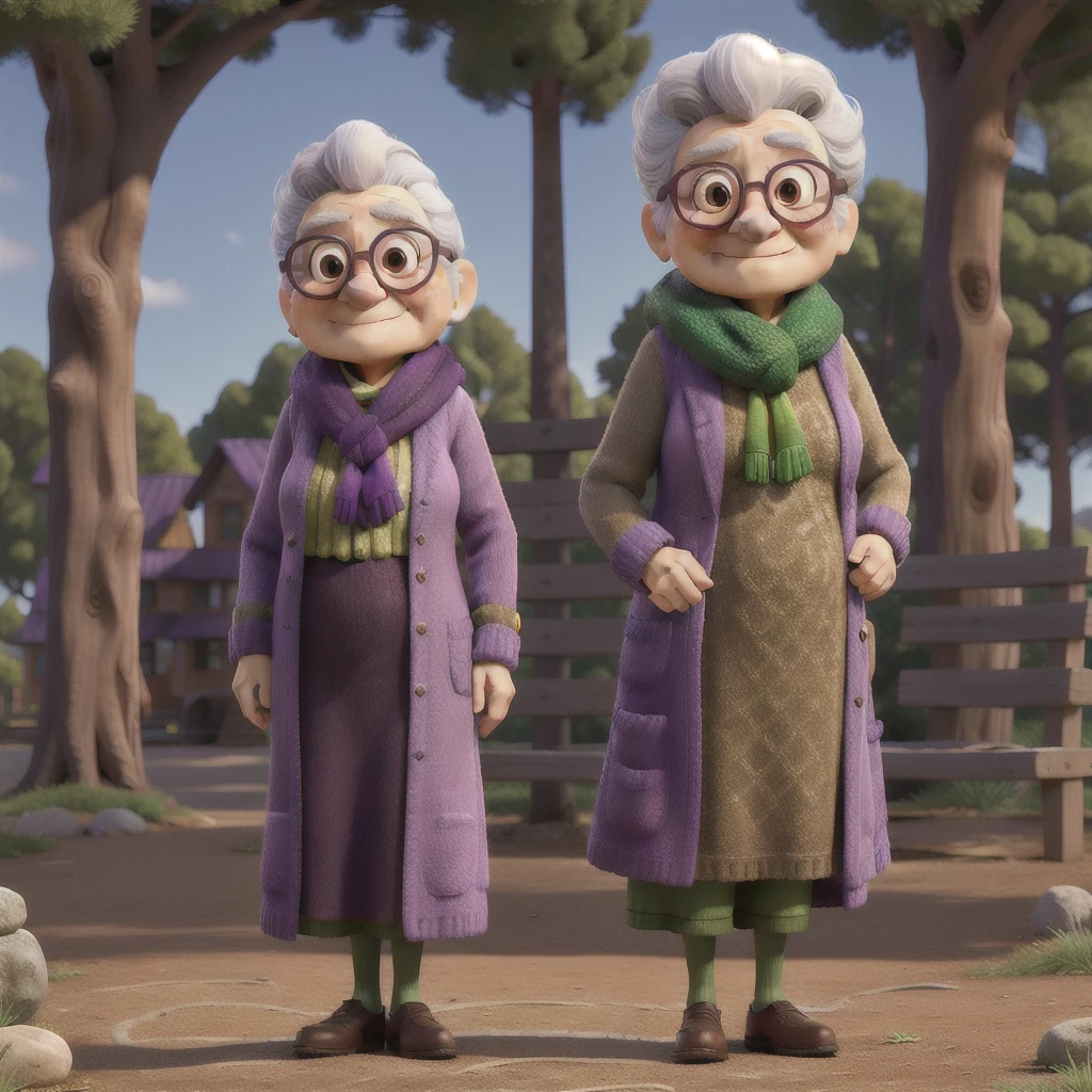 masterpiece, best quality, an old woman with glasses and a scarf on, wearing a purple coat and green scarf, standing at the park