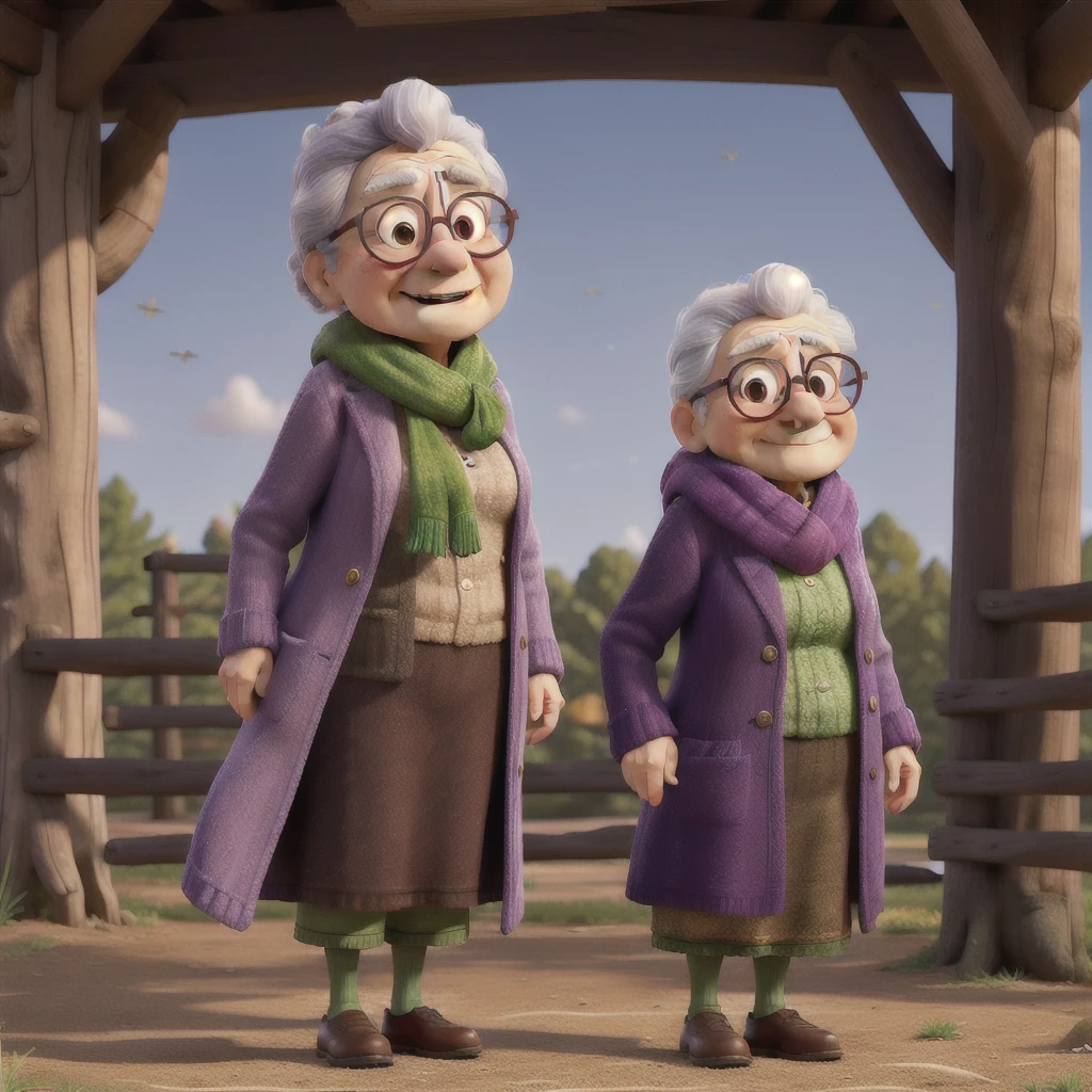 masterpiece, best quality, an old woman with glasses and a scarf on, wearing a purple coat and green scarf, standing at the park