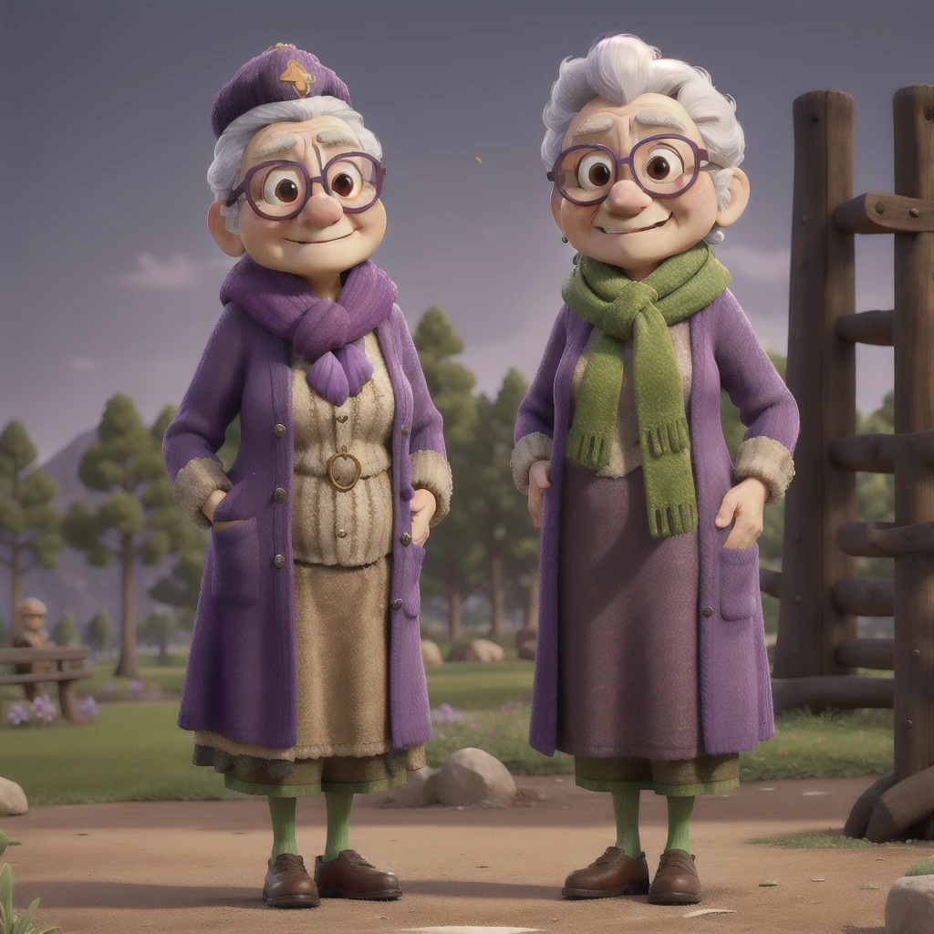 masterpiece, best quality, an old woman with glasses and a scarf on, wearing a purple coat and green scarf, standing at the park