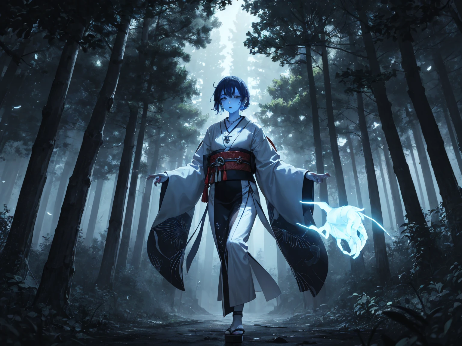 masterpiece, best quality, IncrsAhriSM, Japanese clothes, Luminescence, necklace, Luminescence hands, Blue skin hands, night, (Dark Environment), whole body, forest, Tree,