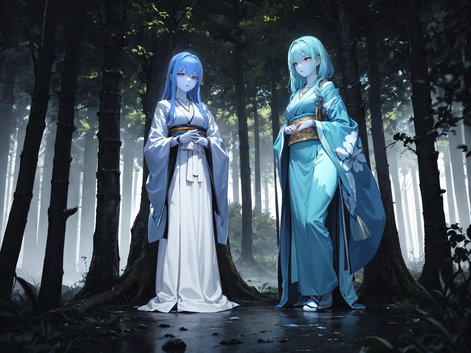 masterpiece, best quality, IncrsAhriSM, Japanese clothes, Luminescence, necklace, Luminescence hands, Blue skin hands, night, (Dark Environment), whole body, forest, Tree,