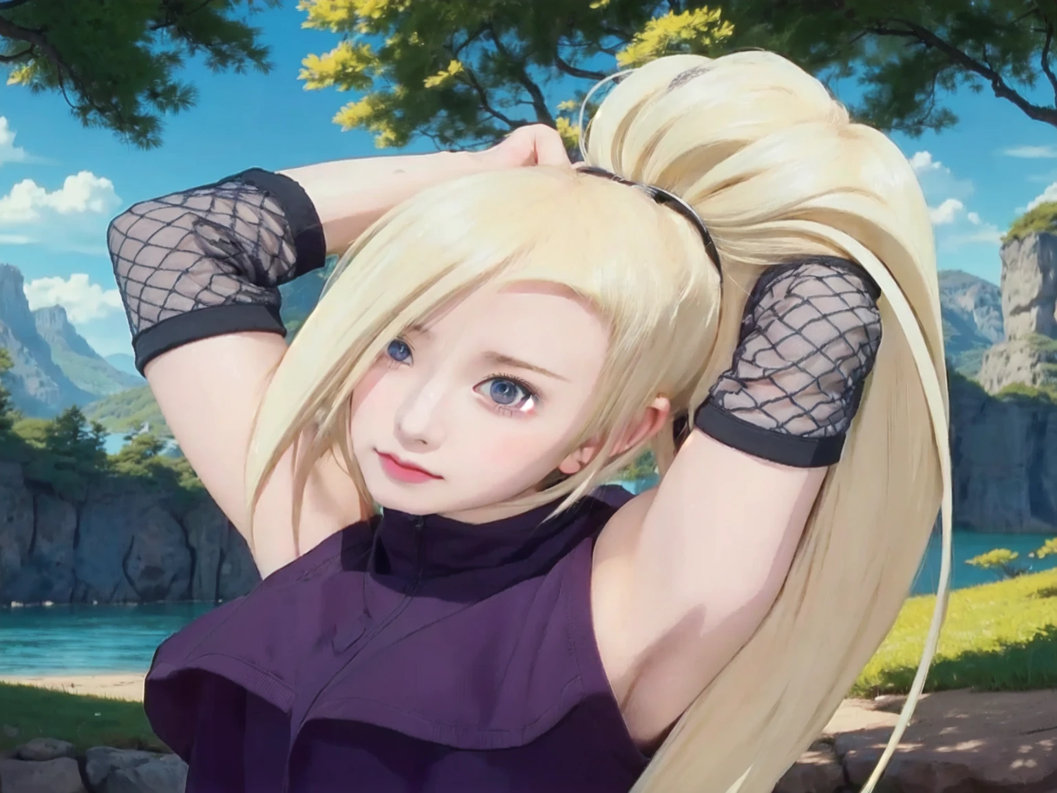 a woman with blonde hair and blue eyes is standing in front of a lake, tsunade from naruto, inspired by INO, from naruto, Haruno Sakura, female anime character, anime style”, Hinata hyuga, portrait of a female anime hero, Sakura Haruno, blonde anime girl with long hair, anime character, inspired by Asai Chū