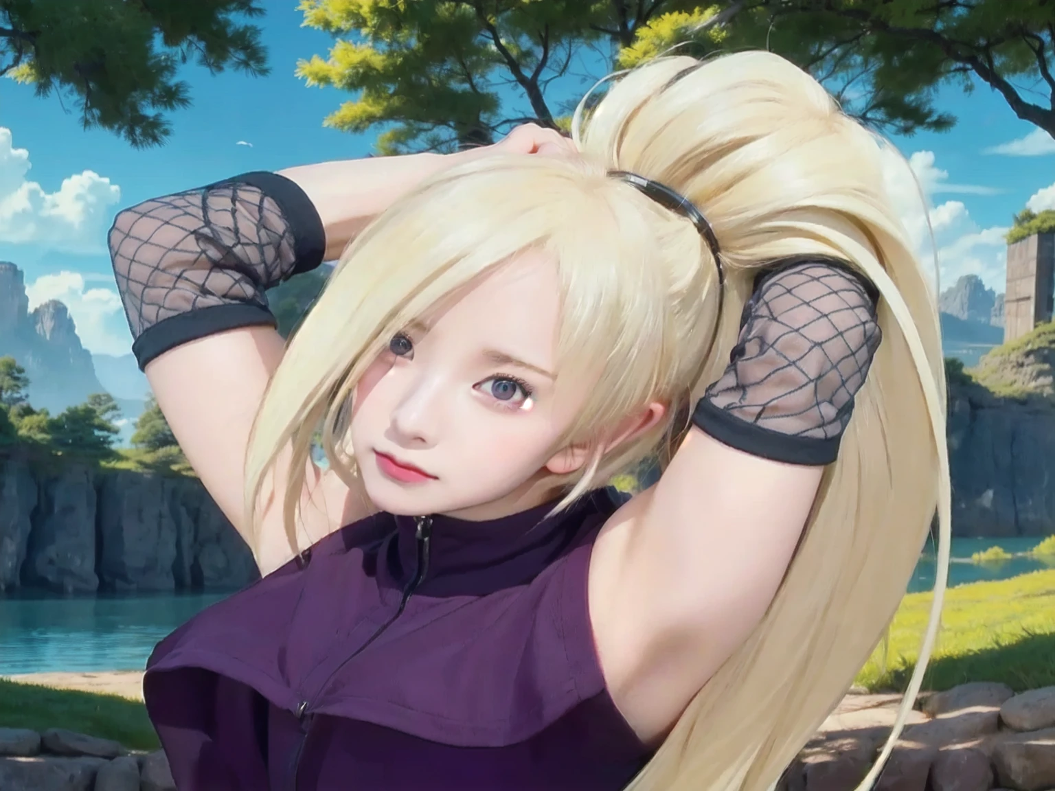 a woman with blonde hair and blue eyes is standing in front of a lake, tsunade from naruto, inspired by INO, from naruto, Haruno Sakura, female anime character, anime style”, Hinata hyuga, portrait of a female anime hero, Sakura Haruno, blonde anime girl with long hair, anime character, inspired by Asai Chū