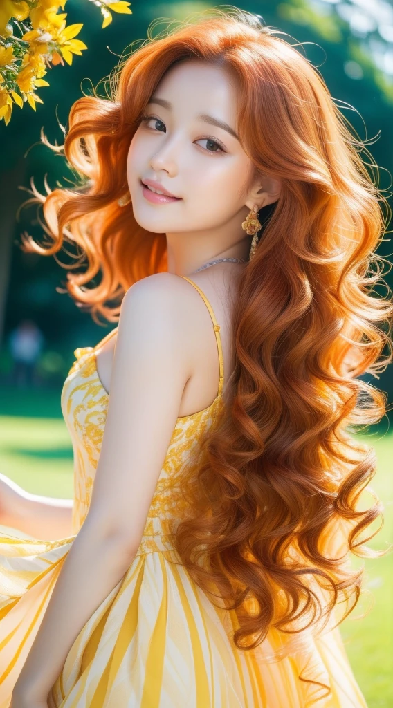 (Best quality,high resolution,Ultra-detailed:1.2),Beautiful golden to red gradient wavy curls fluttering in the breeze, Vibrant flowers in the background of the park, Close-up shot,