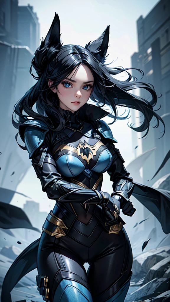 ((Wearing black and gold armor)),(jewel outfit ),(octane render 1.1 ),((The body is wrapped in a blue-gray shadow)),((Game skin design drawing)),(girl fox),Raised sexy,((blue flames flying in the wind)),feminine expression,Dance in the air, detailed face, detailed eyes, detailed hands, colors,cat woman, sexy pose