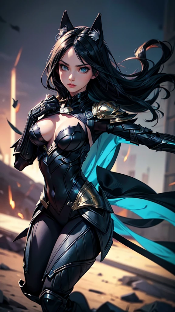 （（Wearing black and gold armor）），（jewel outfit ），（octane render 1.1 ），（（The body is wrapped in a blue-gray shadow）），（（Game skin design drawing）），（girl fox），Raised sexy，（（blue flames flying in the wind）），feminine expression，Dance in the air, detailed face, detailed eyes, detailed hands, colors,cat woman, sexy pose