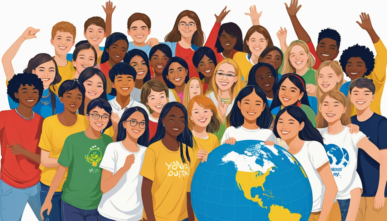 Create an illustration depicting diverse groups of teenagers from around the world celebrating World Youth Day in a global festival setting.