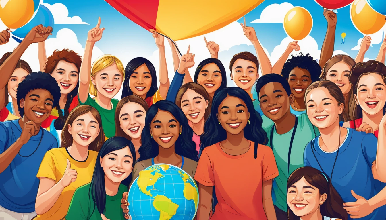 Create an illustration depicting diverse groups of teenagers from around the world celebrating World Youth Day in a global festival setting.
