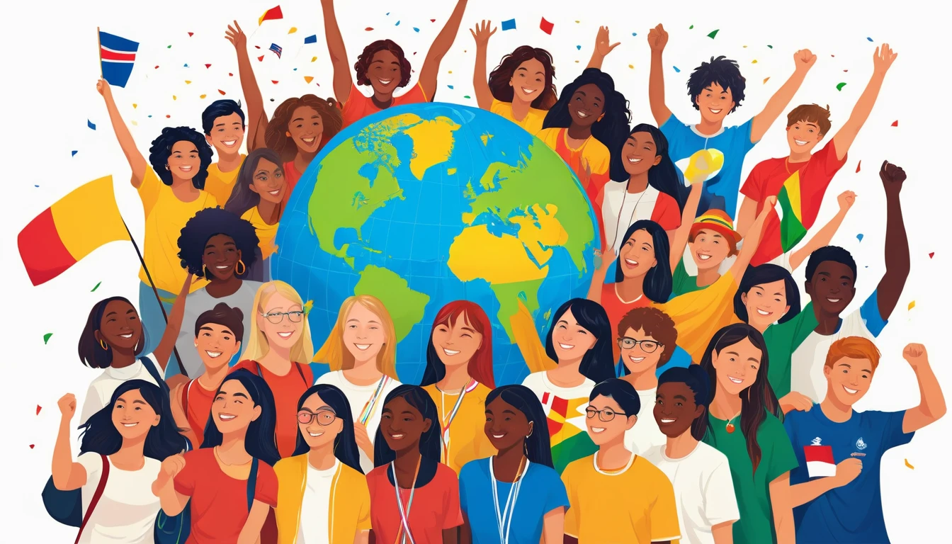Create an illustration depicting diverse groups of agers from around the world celebrating World Youth Day in a global festival setting.
