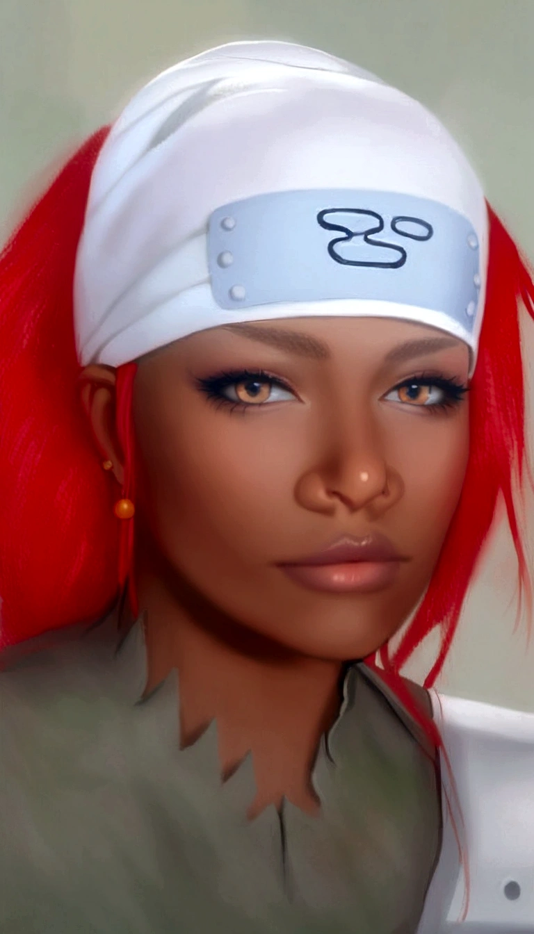 Young woman, dark skin with long red hair and amber eyes, wide nose, thick lips, green clothing, sword, Karui