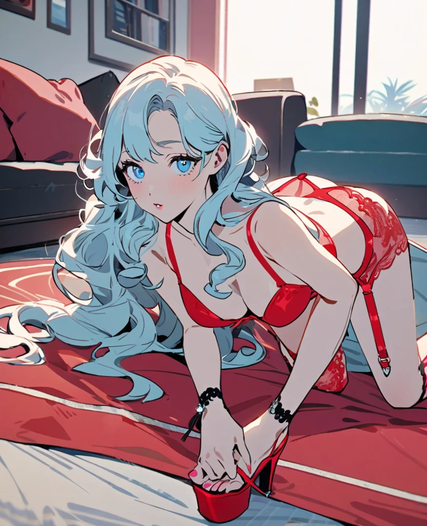 girl with red braided wavy curly hair blue eyes with red lingerie garter belt sandals Anabela open platform stiletto heel in front of the fan lying in the living room at home SFW