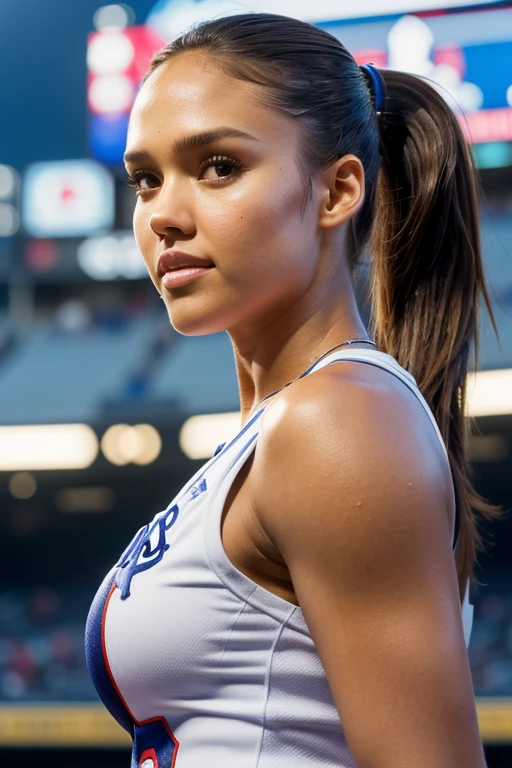 Jessica Alba, 1girl, masterpiece, best quality, 8k, detailed skin texture, athletic muscular physique, visible prominent veins, wearing tight Dodgers uniform, beautiful detailed face, intricate details, ultra detailed, a beautiful girl, brown eyes, brunette hair in a ponytail, 3D character, holding baseball bat
