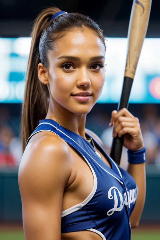Jessica Alba, 1girl, masterpiece, best quality, 8k, detailed skin texture, athletic muscular physique, visible prominent veins, wearing tight Dodgers uniform, beautiful detailed face, intricate details, ultra detailed, a beautiful girl, brown eyes, brunette hair in a ponytail, 3D character, holding baseball bat