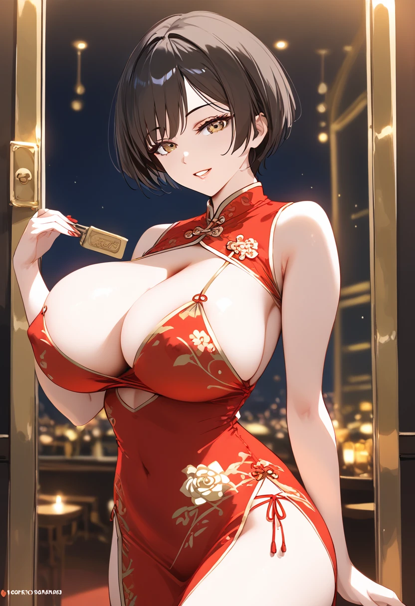 (masterpiece, best quality:1.2), 1 girl, solitary,short hair((Sexy cheongsam)),Large Breasts,nipple(8K)(HD)((best quality)), ((Surrealism))