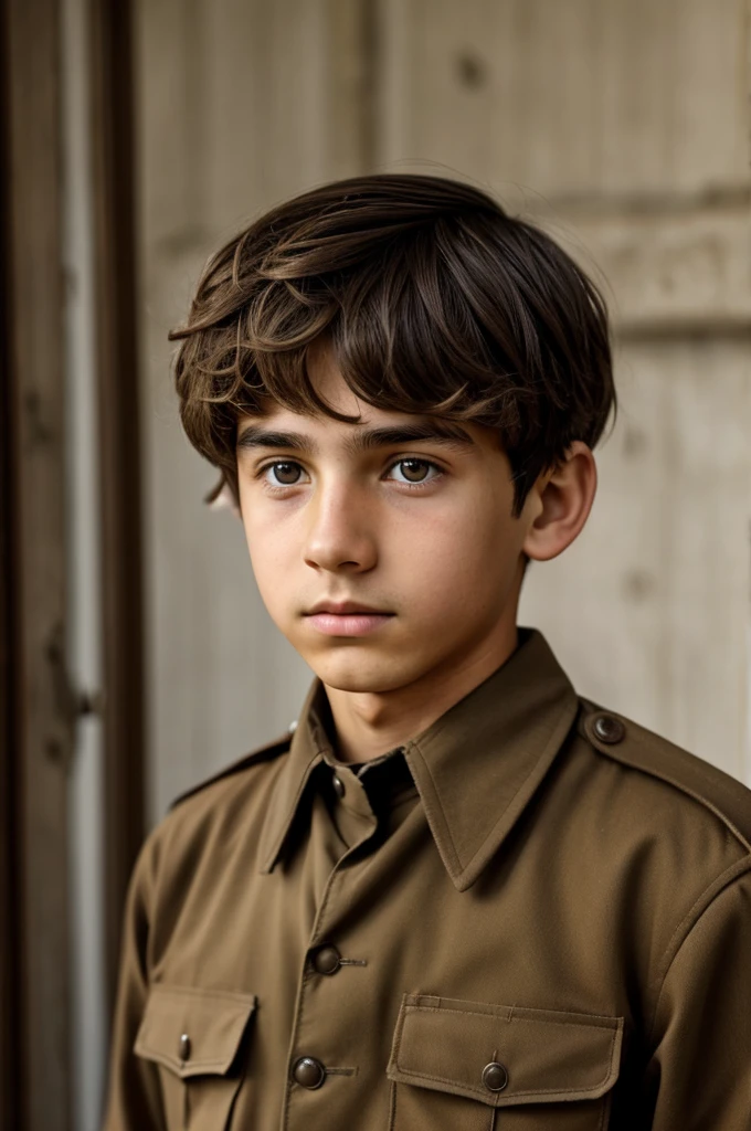 European , brown eyes and brown hair, thousand yard gaze, He was wearing a concentration camp uniform, a jewish boy