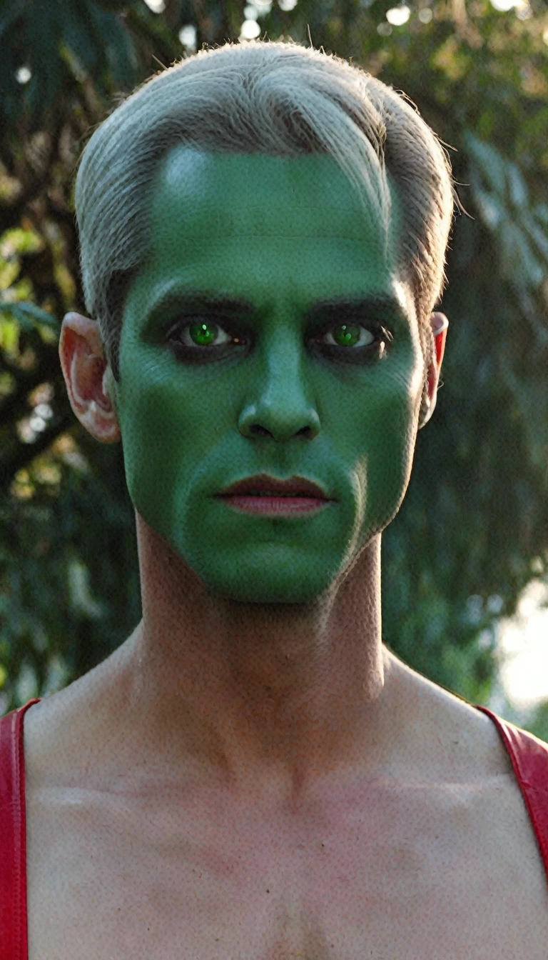 (((A 40-year-old man on the barbecue in your backyard))), (((wearing a red blouse))), (((((alien green skin color))))), (((full dark sclera eyes))), thin chin, (((white hair))) with a high quiff and back with gel and short sides, thin nose