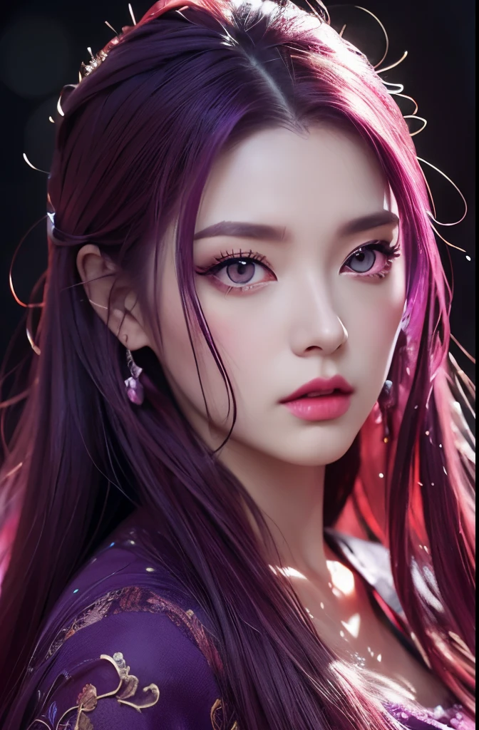 photo of medusa from anime, photorealistic, (beautiful detailed eyes), (extremely detailed), pouty lips, red eyes, purple hair, chinese dress, full body, sexy