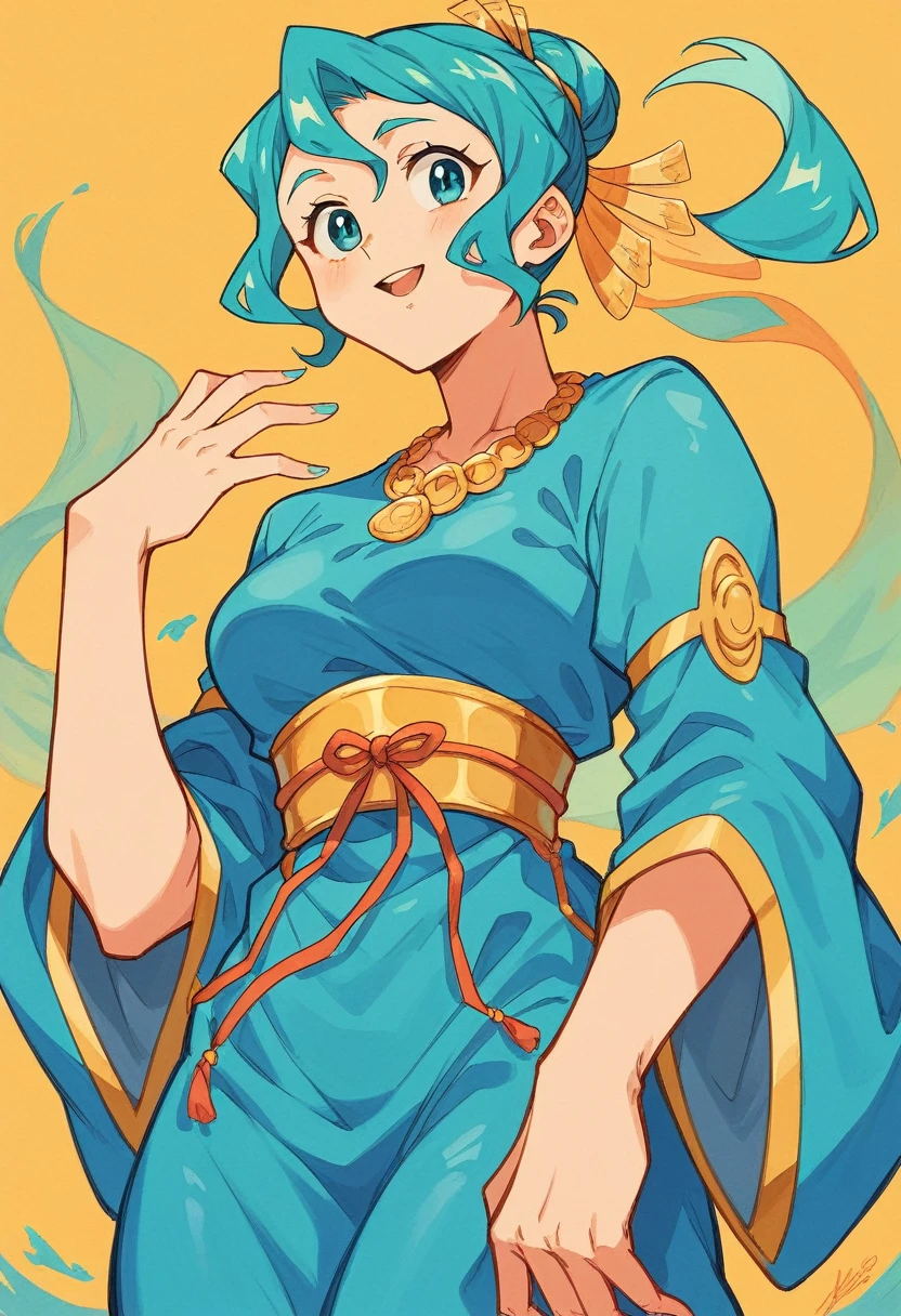 a woman in a blue dress with a gold necklace and a necklace, a portrait by Bouchta El Hayani, trending on pixabay, arabesque, blue colored traditional wear, wearing a silk kurta, blue tunic, turqouise, golden blue outfit, blue tunic and robes, turquoise, beautiful, turquoise gold details, teal tunic, traditional clothes