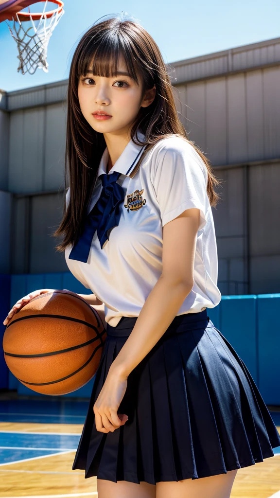 1womanl, up of face, Colossal tits,light brown hair, Blunt bangs, hair behind ear, hair over shoulder, Long hair, slender body shape, Ultra Fine Face, Thin face, Delicate lips, Beautiful eyes, thin blush, eyes are light brown, perfect glossy skin, flawless skin, Glistening sweat,View here, Ultra-thin hands, Ultra-fine fingers:realisitic:1.3), Broad-leaved forest, (Holding the basketball aside:1.4), One-person viewpoint, Fuji Film, 8K, masutepiece, nffsw, Super Detail, High quality, Best Quality, hight resolution, ((Don't show your fingertips))、the golden hour Beautiful light, (((Schoolgirl Uniform)))、(((White Short Sleeve Low Cut Front Button Shirt、Dark blue ribbon)))、((Ultra Micro Mini Dark Blue Pleated Skirt)) ((Colossal tits)) (((Positive image:1.3))),((Very thin sheer shirt worn on bare skin:1.2))