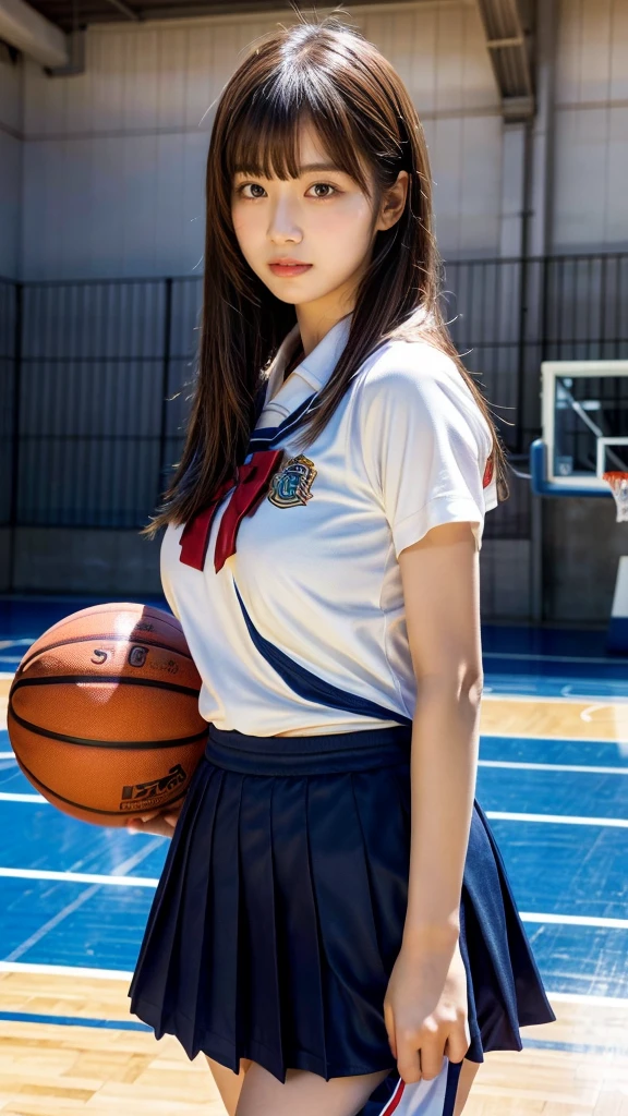 (RAW photo, 4k, masterpiece, high resolution, extremely complex) (realistic: 1.4), cinematic lighting
1 Girl,Slam Dunk's,blushing,((innocent)),Solo Focus, bright eyes,round eyes,blunt bangs,((straight hair:1.3)),black hair,large breasts,wide hips,Summer Noon, sunlight,Hot, (Best Quality), (Highres), (an Extremely Delicate and Beautiful),(Beautiful 8k face),(Brown eyes),(ulzzang-6500:1.0),(solo),( spectators),(gigantic breasts),(Slam Dunk),(Japanese high school uniform:1.3),blue skirt,((Play basketball)),((gymnasium)),((speed)),(reality),Basketball Court,bright lighting