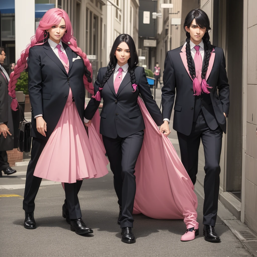 man with big pink hair with braids and wearing a suit with a woman, Brunetette, pregnant and with black hair