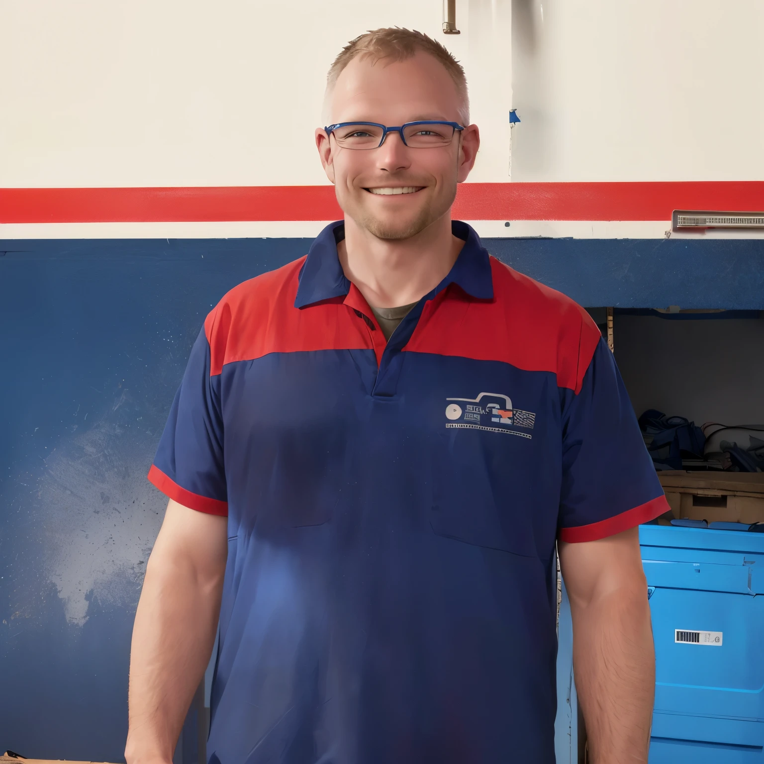 sharp man with blue and red shirt standing in a garage, mechanic, full body photo of white man Steve, with thinning hair, smiling a little, wearing glasses in a workshop, round faced