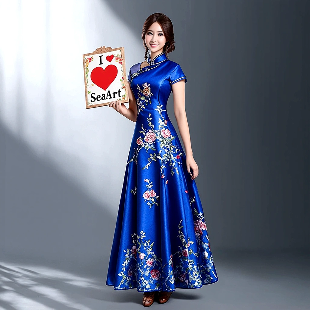 a beautiful detailed  girl in a beautiful blue cheongsam dress, intricate floral patterns, elegant pose, holding a board on which "I love SeaArt" is written, serene expression, natural lighting, dramatic shadows, warm color palette, delicate fabric textures, ultra-detailed, 8k, high resolution, photorealistic, masterpiece