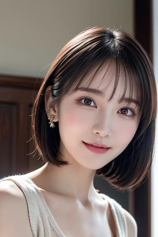 masterpiece,Highest quality,Adult 1 girl,Super detailed,Improve skin quality, Increase eye appeal,Ultra-high resolution,Very delicate,super high quality,Detailed face,Beautiful Eyes,Super short hair,Beautiful nose,V-neck Sweater,Maxi Skirt,Bowl Cut Hair,Hang hair on your ears,Cleavage Emphasis,Elated,Blissful,Enthusiastic,Beaming Smil, (from below:1.3), (looking down, watching at Viewer:1.3)