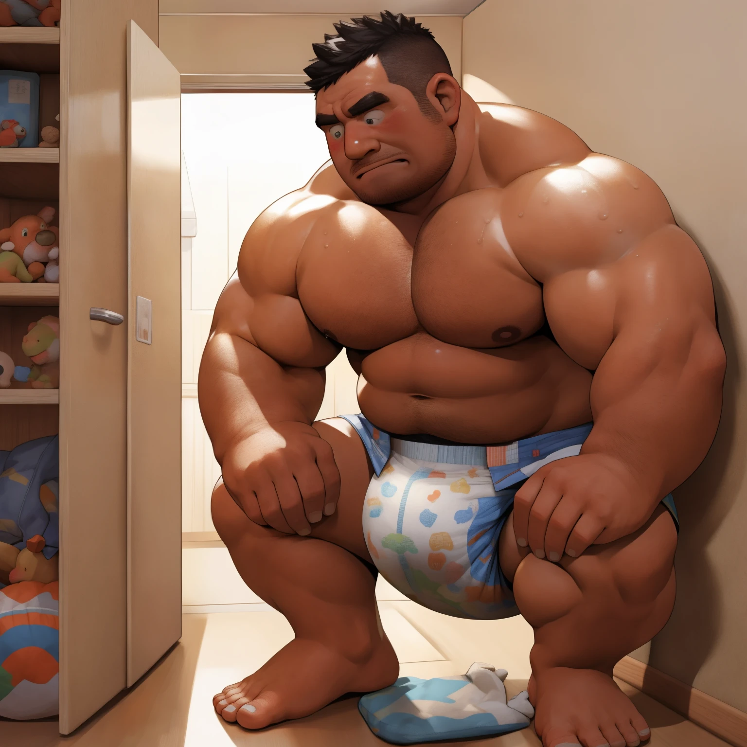 masterpiece, Top quality, in 32K, perfect anatomy, hyper detailed, super fine illustration, The thick man is a brutal prisoner, retarded, hairy, human, 50yo in japan, (fatness: 1.0), Fatty muscle, Bowleg, disappointment, incontinent, be diaper check by children, There is a small puddle under him, Naked, short legs, Bowleg, spread legs, wear a White cloth Diaper, Bare belly, Bare legs, Bare foots, Bare soles, Shirtless, wide forehead and short thinning hair, Man with round face with stubble, Bare foots, Bare soles, shy, sissy, Weaker than children, Drool, Round face, He enters nursery school and is despised by children, He is made to stand attention in the corner of the playroom, corner time, He surrounded by children, Bare foots, big butt, White Diaper, sobbing, There is a small puddle under him