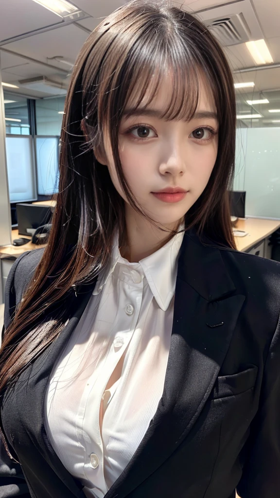 ((top-quality、8K、masterpiece:1.3))、1girl in、Beautiful woman Standing in the house:1.3、long-haired、Colossal tits、(Office Lady, ,Suit, Black Suit,Black jacket, white shirt:1.5)、Super delicate face、Delicat eyes、double eyelid、Close-up of upper body from below