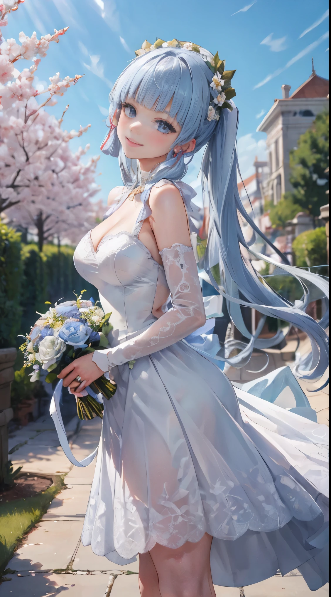 kamisato ayaka|genshin impact, master-piece, bestquality, 1girls,25 years old, proportional body, elongated legs, Beautiful, proportional, Wedding Dresses, White Wedding Dress, Long skirt, wedding, mediuml breasts, ,bara, Standing in the middle of a flower garden, outdoor, wedding, The sky is beautiful, Both hands hold a bouquet of flowers......, View viewers from the front., Thigh strap, Head tilt, bored, 10, 10, HD, slight smile,