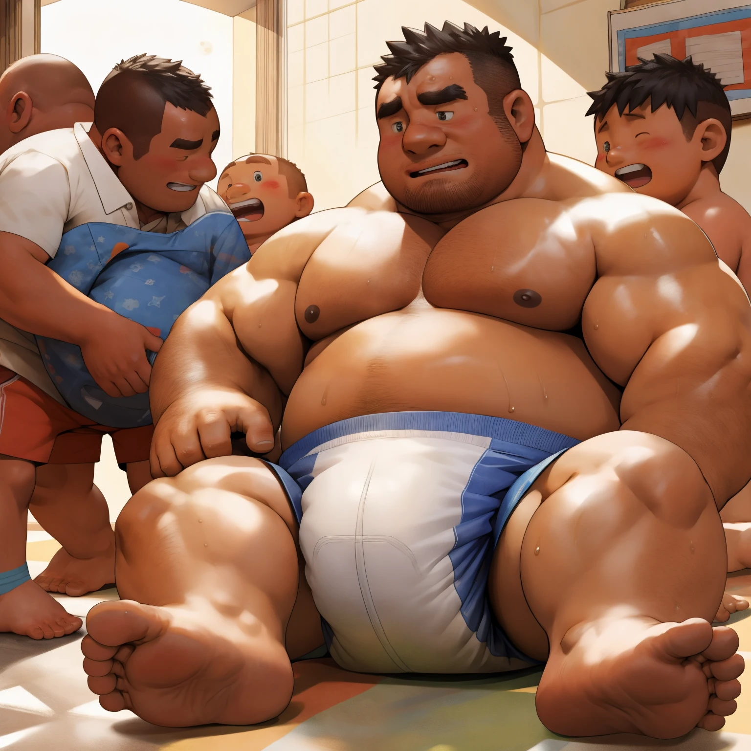 masterpiece, Top quality, in 32K, perfect anatomy, hyper detailed, super fine illustration, The thick man is a brutal prisoner, retarded, hairy human, 50yo in Japan, (fatness: 1.0), Fatty muscle, Bowleg, disappointment, incontinent, be diaper check by children, waddle, There is a small puddle under him, incontinent, Naked, short legs, Bowleg, spread legs, wear a White cloth Diaper, Bare belly, Bare legs, Bare foots, Bare soles, Shirtless, wide forehead and short thinning hair, Man with round face with stubble, Bare foots, Bare soles, shy, sissy, Weaker than children, Drool, Round face, steams, Solo, He enters nursery school and is despised by children, He surrounded by children, His bottom is wet, Bare foots, big butt, he is scolded by the children, White Diaper, He surrounded by children, sobbing, wear a White cloth Diaper, shirtless, There is a small puddle under him, He enters nursery school and is despised by children, big butt, sobbing, He crawling to go to children, on all fours, side view