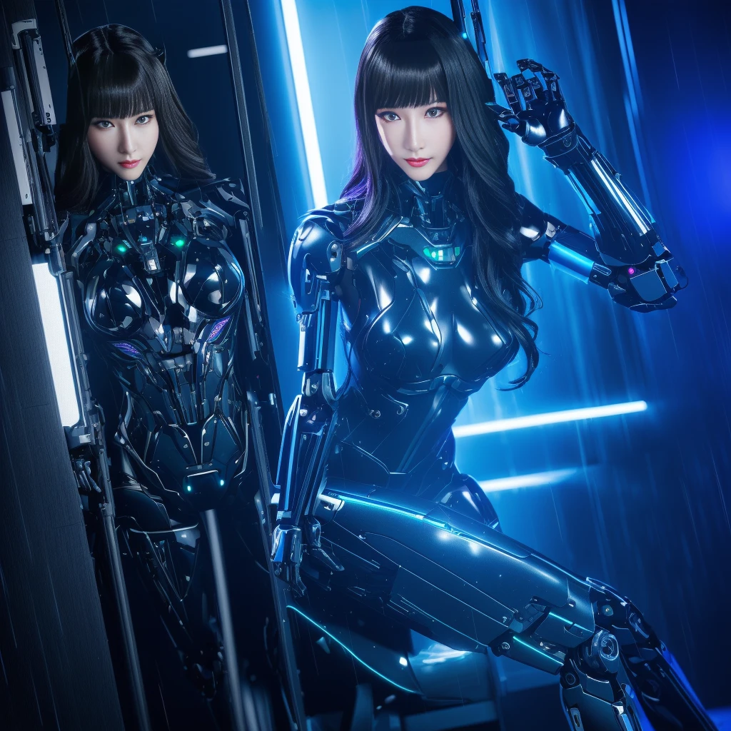城市middle穿著未來服裝和未來派武器的動漫人物,Super Detail, High Detail, high quality, best quality, High resolution,1 female robot,Beautiful female robot,beautiful clear face(Rain waves_haneame:1.5)! Catwoman, Network Package, perfect anime robot woman, European Cyberpunk, female robot body, exist《cyberpunk2077》middle, Biomechanics OPPEIN, Wearing cyber armor, female body, Actress, Sadistic Assassin, anime robot