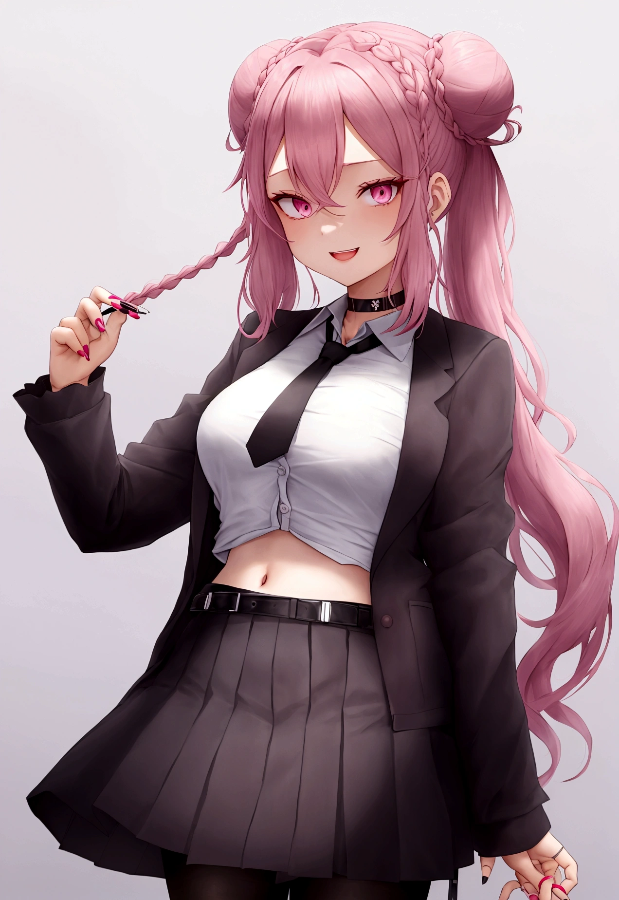 long hair, hair bun, double bun, braided bun, crown braid, hexagon, choker, black choker, necktie, pink necktie, shirt, white shirt, collared shirt, crop top, crop top overhang, fingernails, nail polish, pink nails, watch, pocket watch, midriff, navel, belt, skirt, miniskirt, black skirt, pleated skirt, frills, frilled skirt, test tube, pantyhose, black pantyhose, thigh strap, shoes, black footwear, high heels, coat, labcoat, white coat, open coat, open clothes, long sleeves, sleeves past wrists, pocket, smile, laboratory,:d