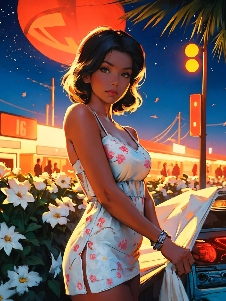 old retro poster, USSR, Caribbean seaside,((at night)). Neon, photo shoot, 1 ultra hot gorgeous woman. Age 23. Happy. short white wavy hair, expressive breasts, in a white sundress with a pattern of flowers on fabric, fashionista, 80s, hd