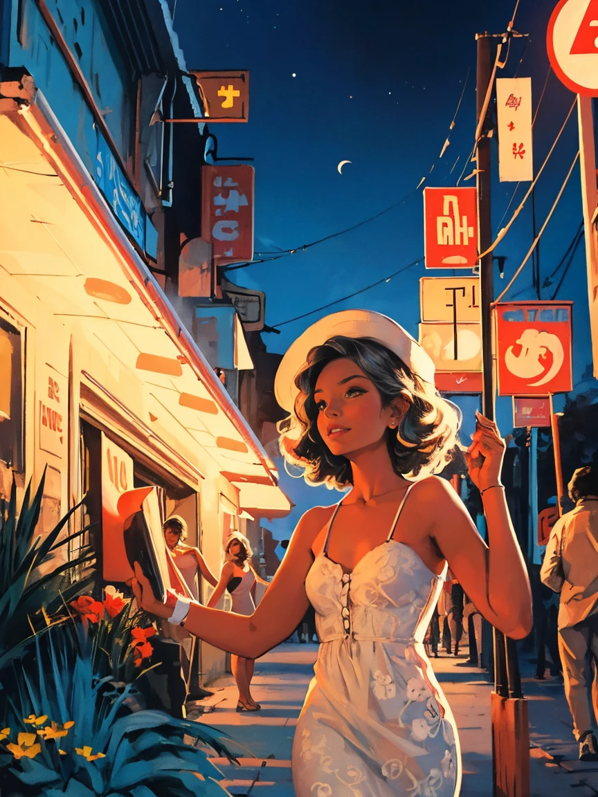 old retro poster, USSR, Caribbean seaside,((at night)). Neon, photo shoot, 1 ultra hot gorgeous woman. Age 23. Happy. short white wavy hair, expressive breasts, in a white sundress with a pattern of flowers on fabric, fashionista, 80s, hd