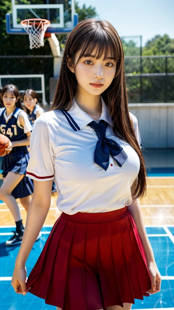 (RAW photo, 4k, masterpiece, high resolution, extremely complex) (realistic: 1.4), cinematic lighting
1 Girl,Slam Dunk's,blushing,((innocent)),Solo Focus, bright eyes,round eyes,blunt bangs,((straight hair:1.3)),black hair,large breasts,wide hips,Summer Noon, sunlight,Hot, (Best Quality), (Highres), (an Extremely Delicate and Beautiful),(Beautiful 8k face),(Brown eyes),(ulzzang-6500:1.0),(solo),( spectators),(gigantic breasts),(Slam Dunk),(Japanese high school uniform:1.3),blue skirt,((Play basketball)),((gymnasium)),((speed)),(reality),Basketball Court,bright lighting