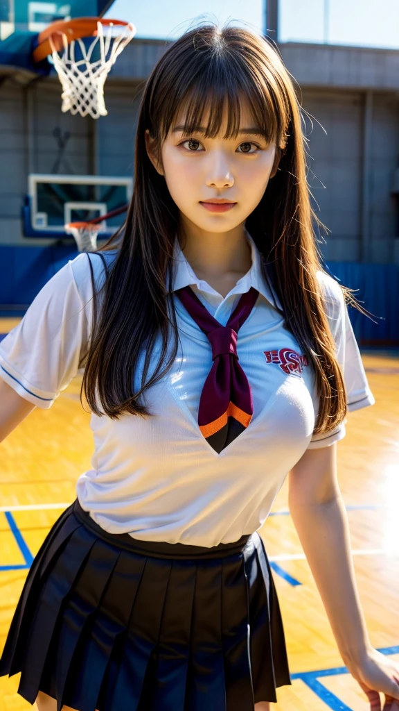 (RAW photo, 4k, masterpiece, high resolution, extremely complex) (realistic: 1.4), cinematic lighting
1 Girl,Slam Dunk's,blushing,((innocent)),Solo Focus, bright eyes,round eyes,blunt bangs,((straight hair:1.3)),black hair,large breasts,wide hips,Summer Noon, sunlight,Hot, (Best Quality), (Highres), (an Extremely Delicate and Beautiful),(Beautiful 8k face),(Brown eyes),(ulzzang-6500:1.0),(solo),( spectators),(gigantic breasts),(Slam Dunk),(Japanese high school uniform:1.3),blue skirt,((Play basketball)),((gymnasium)),((speed)),(reality),Basketball Court,bright lighting