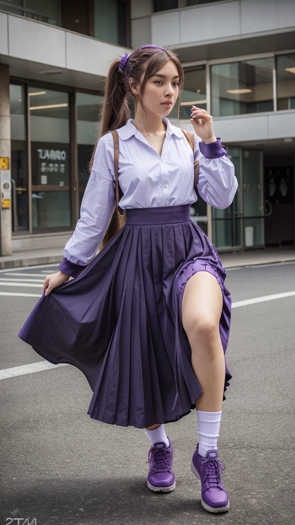 ((masterpiece, best quality))1girl, solo, fashion purple dress modern future, electric guitar, headphones, ponytail, holding, holding plectrum, instrument, very very long brown hair, music, one side up, teal hair, twin tails, playing guiter, pleated long skirt fashion, fashion cosplay japan dress modern purple and white, interior, full body, purple, sit down in retro classic chair, walking, jumping, beautiful boot modern, background japan city, fashion costume cosplay japan modern, execited, dance, jumping, running, fighting