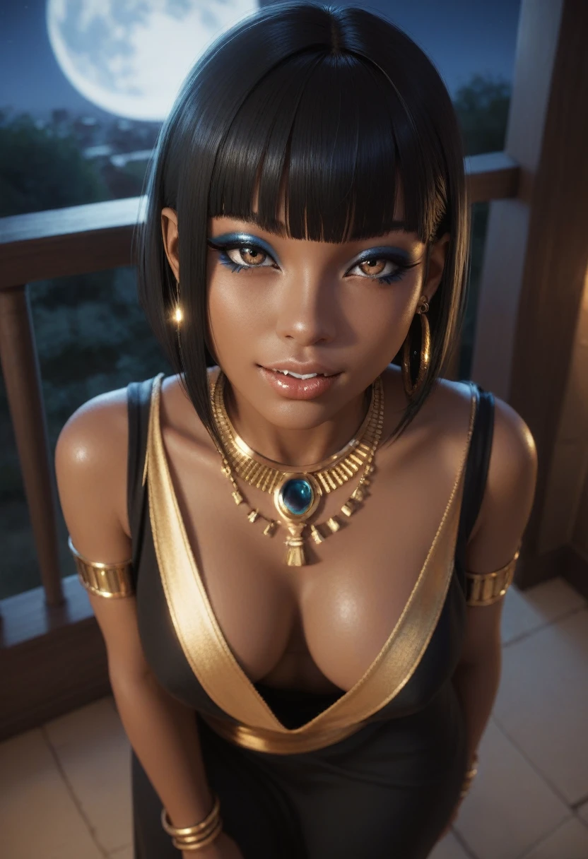 score_9, score_8_up, score_7_up, score_6_up, 1girl, solo, jewelry, rating: safe, brown_eyes, black_hair, lips, makeup, armlet, breasts, egyptian, egyptian_clothes, dark_skin, nose, earrings, gold, lipstick, cleavage, realistic, looking_at_viewer, medium_breasts, piercing, gyaru, blunt_bangs, bangs, bob_cut, long_fangs, (from_above:1.3), downblouse, dark, silk, black_robe, moonlight, temple, night, moon, (aroused:1.3)