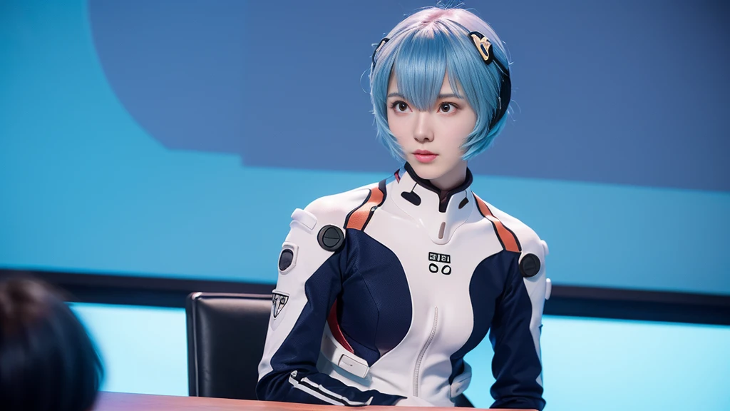 (Highest quality, High resolution, Tabletop:1.2), One Girl, ayanamirei, Bobcut, Plug Suit, Upper Body View、Interface Headset, background, Light blue hair color, Expressionless, Apply blush all over the face, Embarrassing, View your viewers