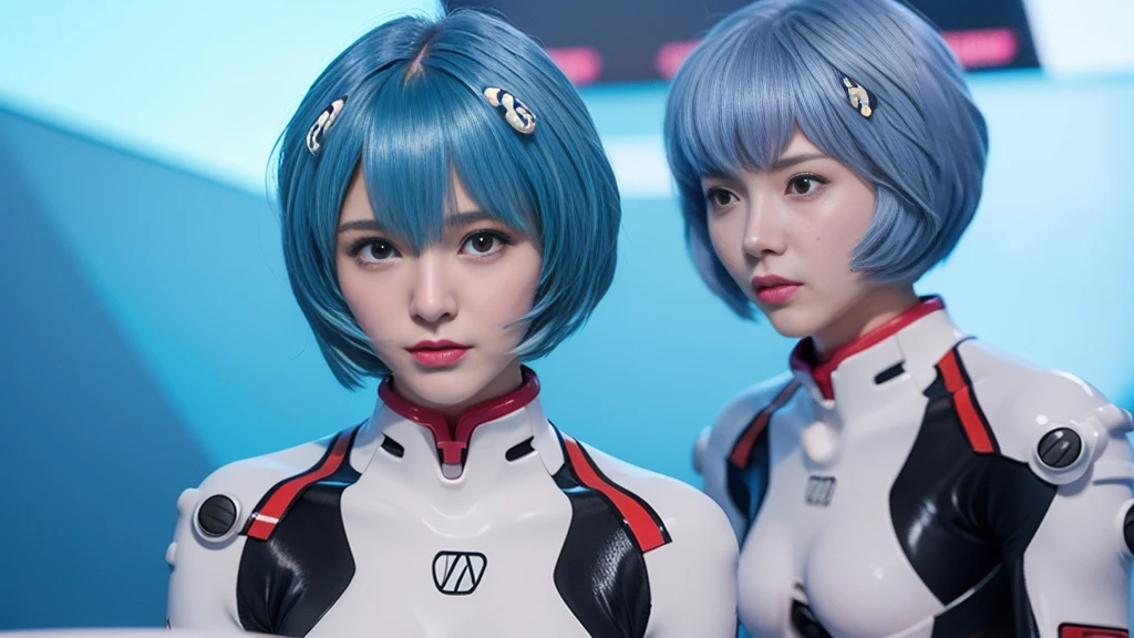 (Highest quality, High resolution, Tabletop:1.2), One Girl, ayanamirei, Bobcut, Plug Suit, Upper Body View、Interface Headset, background, Light blue hair color, Expressionless, Apply blush all over the face, Embarrassing, View your viewers