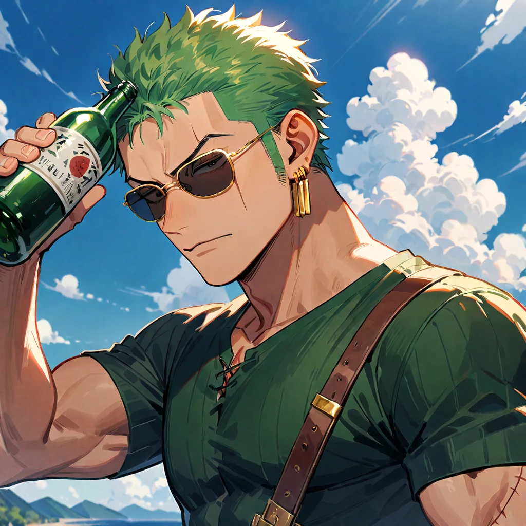 male focus, 1boy, roronoa zoro, solo, scar across eye, green hair, jewelry, earrings, short hair, scar, sunglasses, cloud, scar on face, sky, holding bottle, bottle, upper body, sideburns, shirt, holding, looking at viewer, ((medium quality)), ((medium quality))