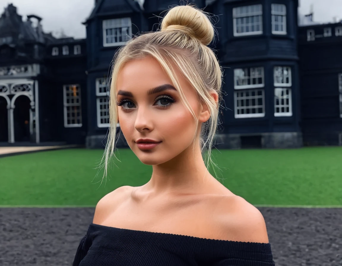 an eye contact of a blond with bun hair and dark theme , cute pose , background big house clear show