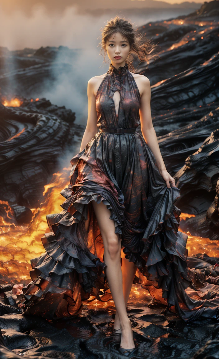 (8K, original photo, best quality,masterpiece:1.2),(actual, Photo-realistic:1.37), 1 girl,long legs, Full body female love,(Lava:1.3),ocean,dress made of roses，volcanic eruption rock flow，infrared photography, 1.4 times more realism，Ultra high quality，Texture skomy correct，Accurate and perfect Korean female face shape，golden ratio)