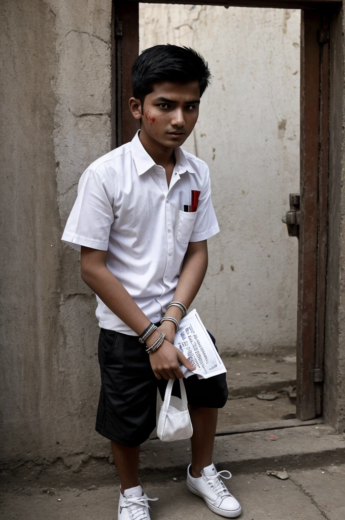 A real 18 years old Nepalis a boy inside a person and is holding prison from the inside,boy wearing black paint,white shirt "NEERAJ"clear printed on it blood latter white shoes ,watch,bracelet,long hair  the baground police station,many people looking 16k quality  