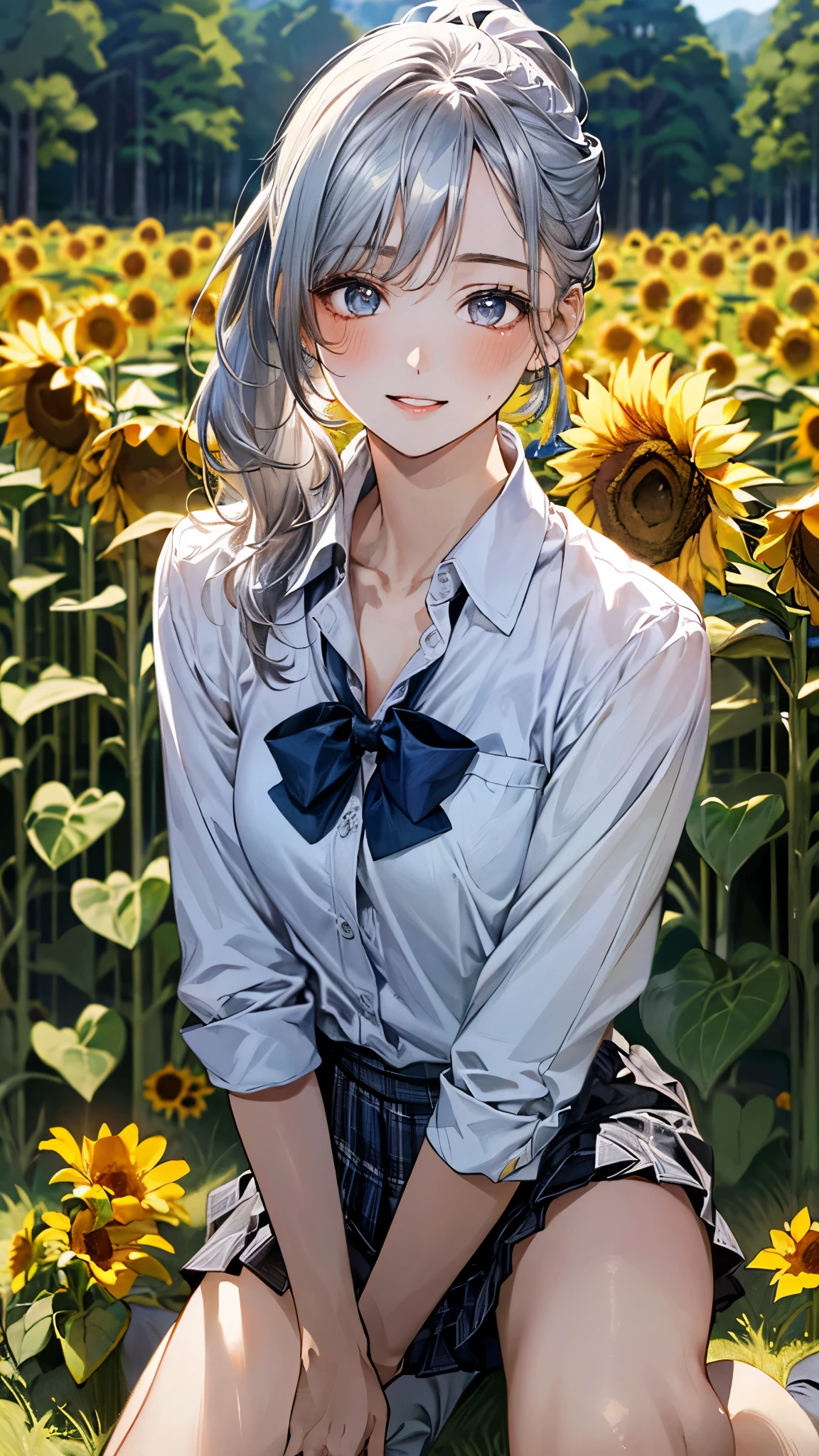 (masterpiece:1.3, top-quality, ultra high res, ultra detailed), (realistic, photorealistic:1.4), beautiful illustration, perfect lighting, natural lighting, colorful, depth of fields, ,
beautiful detailed hair, beautiful detailed face, beautiful detailed eyes, beautiful clavicle, beautiful body, beautiful chest, beautiful thigh, beautiful legs, beautiful fingers, shiny skin, 
looking at viewer, 1 girl, high school girl, (perfect anatomy, anatomically correct, super detailed skin), cute and symmetrical face, babyface, perfect face, perfect eyes, , 
(middle hair, ponytail, sideburns, silver hair), crossed bangs, blue eyes, slant eyes, big eyes, long eye lasher, (medium breasts, seductive thighs), slender, skin dendation, 
detailed cloth texture, light blue collared shirt, blue bow tie, grey plaid pleated skirt:1.2, black hair chouchou,
(beautiful scenery), summer, evening, (grassland:1.2, sunflower), kneeling, (lovely smile, upper eyes, parted lips), 