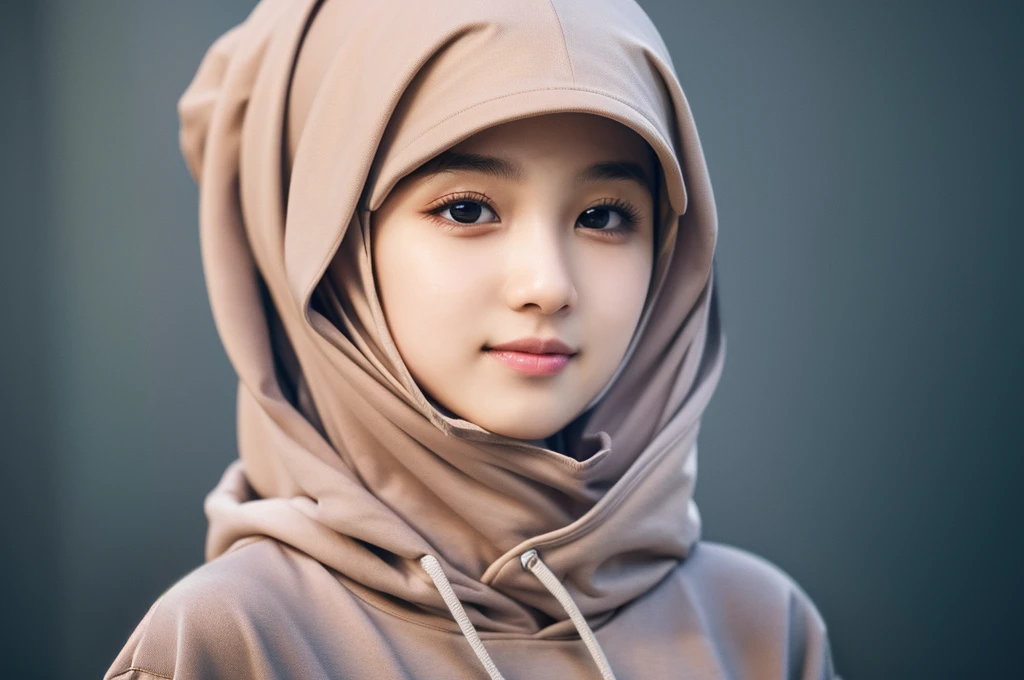 masterpiece, best quality, highres, extremely detailed 8K wallpaper, 1girl, hijab, hoodie, upper body, simple background