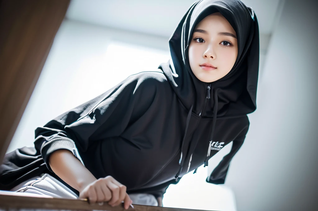 masterpiece, best quality, highres, extremely detailed 8K wallpaper, 1girl, hijab, hoodie, upper body, simple background